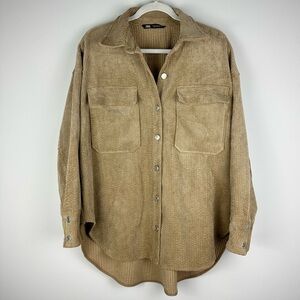 Zara Beige Corduroy Button Down Corduroy Shacket Shirt Oversized Collared Size M